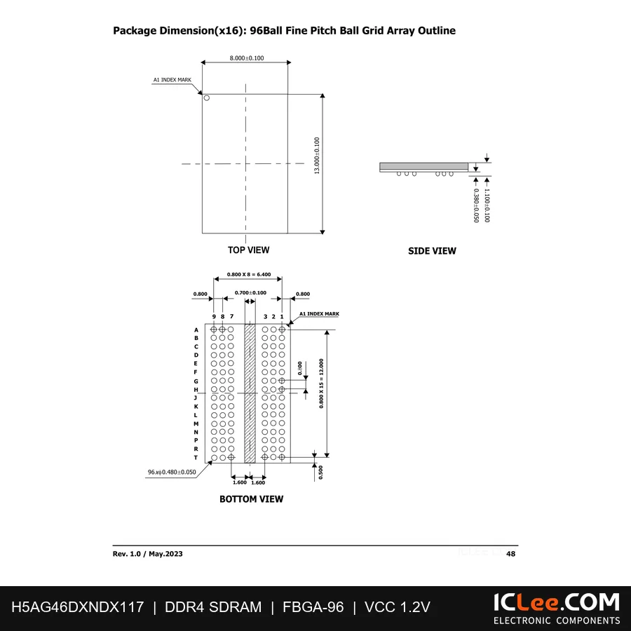 H5AG46DXNDX117 16Gbit (2GB) DDR5 96-FBGA package outline drawing