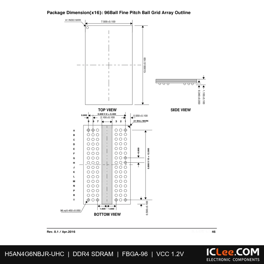 H5AN4G6NBJR-UHC HYNIX 4Gbit (512MB) DDR4 96-FBGA package outline drawing