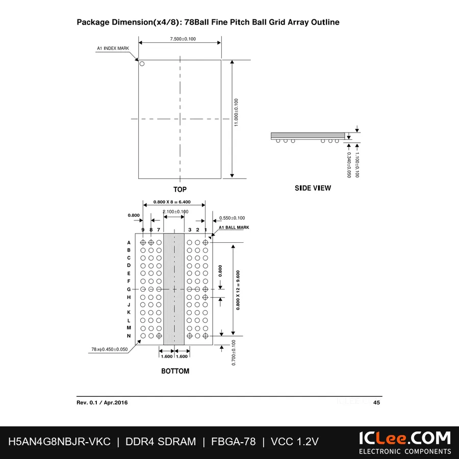 H5AN4G8NBJR-VKC 4Gbit (512MB) DDR4 78-FBGA package outline drawing