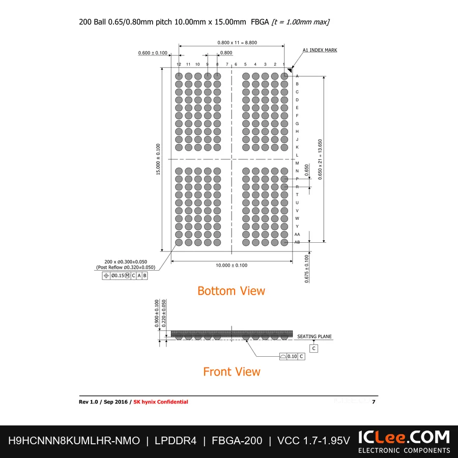 H9HCNNN8KUMLHR-NMO 8Gbit (1GB) LPDDR4X 200-FBGA package outline drawing