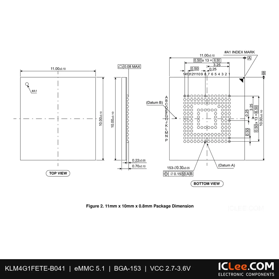 KLM4G1FETE-B041 Samsung 4GB eMMC 5.1 153-FBGA package outline drawing