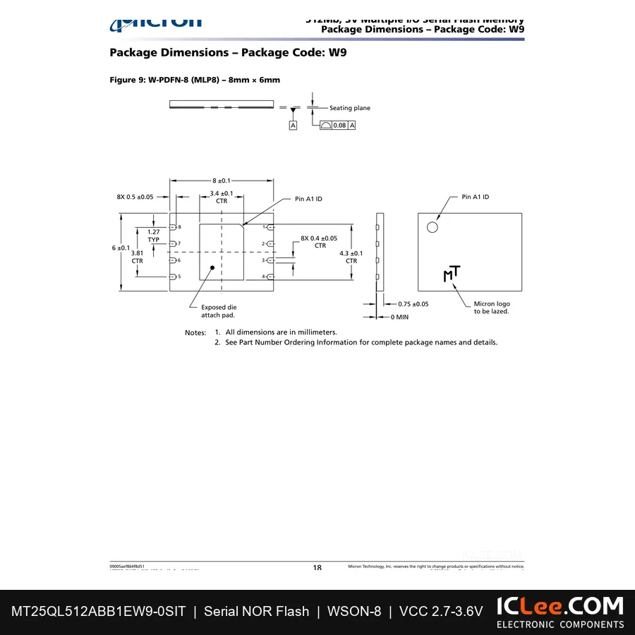MT25QL512ABB1EW9-0SIT Micron 512Mbit FLASH-NOR 8-WDFN Exposed Pad package outline drawing