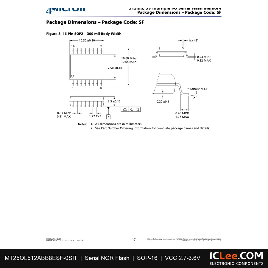 MT25QL512ABB8ESF-0SIT Micron 512Mbit FLASH-NOR 16-SO package outline drawing
