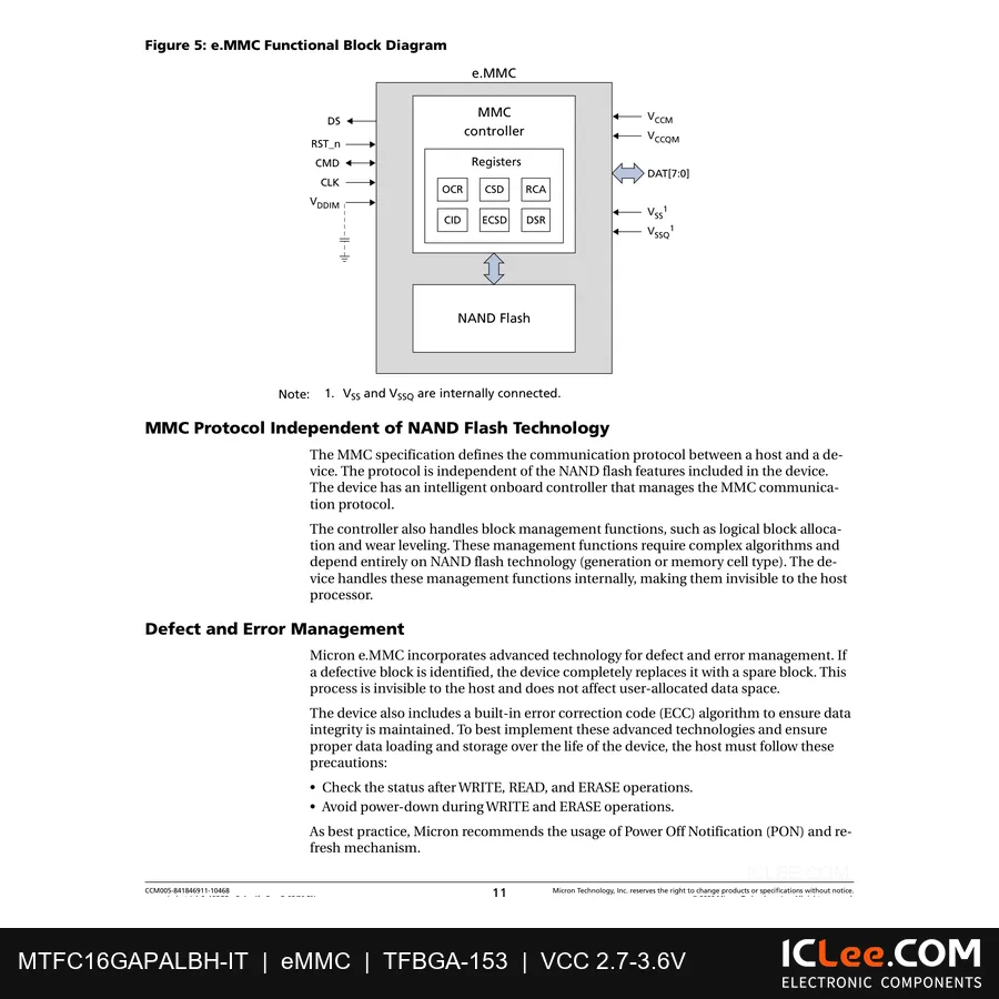 MTFC16GAPALBH-IT Micron 16GB (128Gbit) FLASH 153-TFBGA functional block diagram