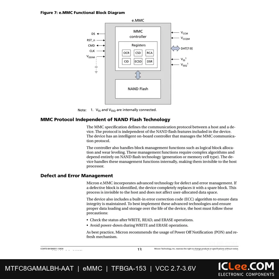 MTFC8GAMALBH-AAT Micron 8GB (64Gbit) FLASH 153-TFBGA functional block diagram