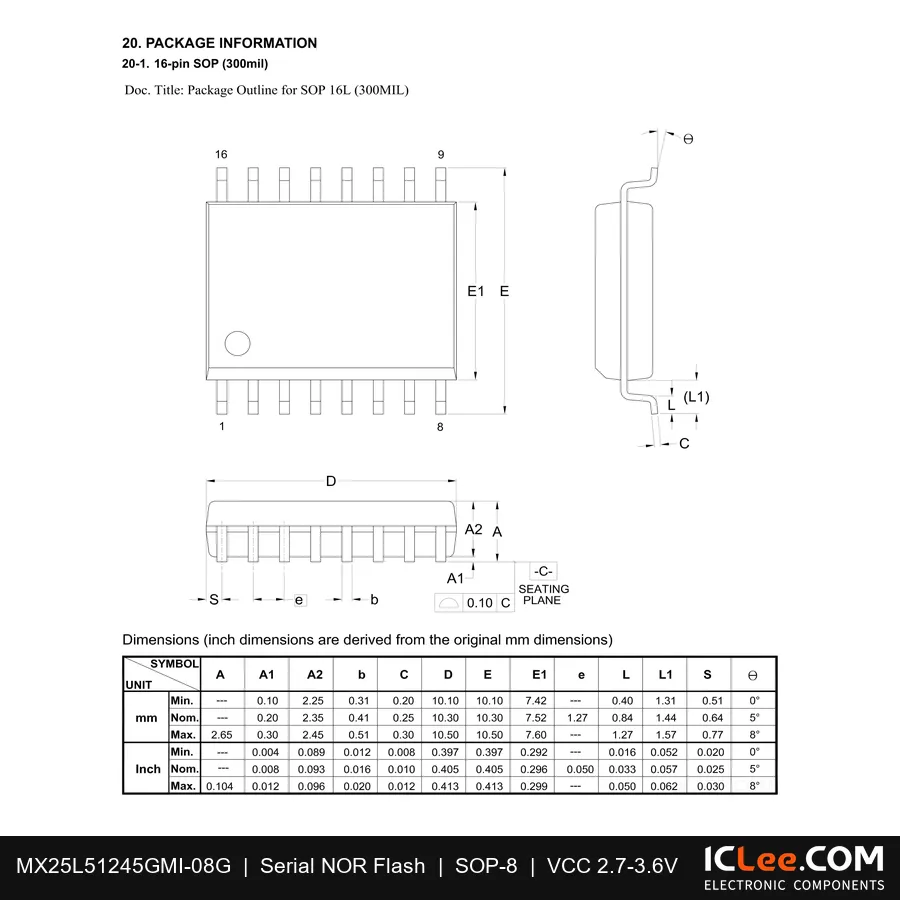 MX25L51245GMI-08G Macronix 512Mbit FLASH-NOR 16-SOP package outline drawing