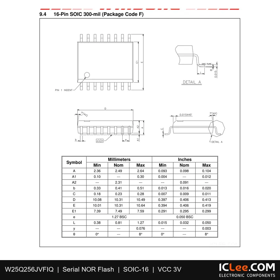 W25Q256JVFIQ Winbond 256Mbit FLASH-NOR 16-SOIC package outline drawing