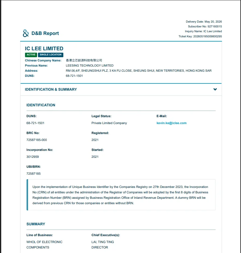 D&B D-U-N-S 687211501 — registro de proveedor IC LEE LIMITED (Hong Kong)