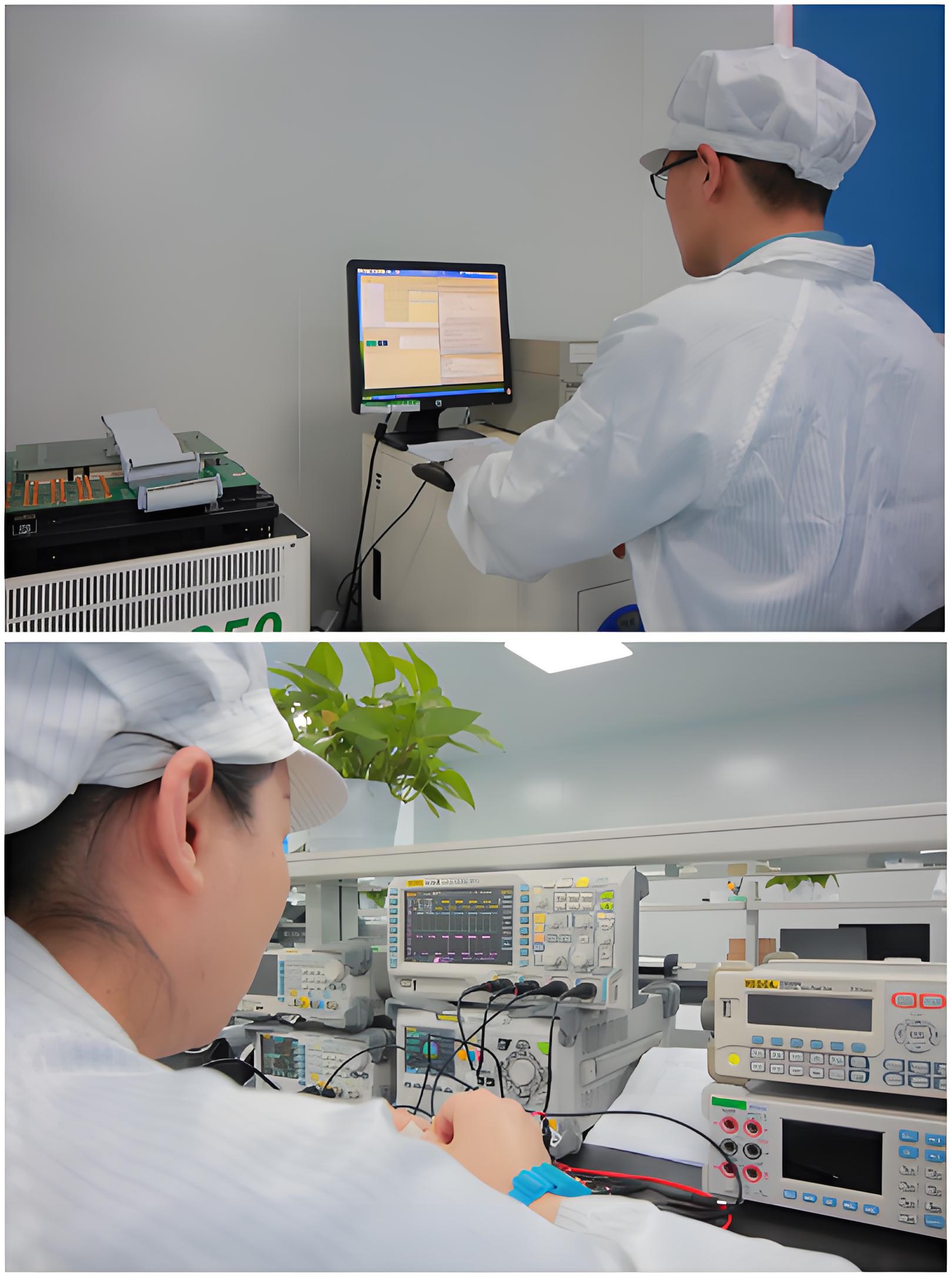 Laboratorio IQC de ICLee en Shenzhen — osciloscopio e inspección de componentes antes del envío